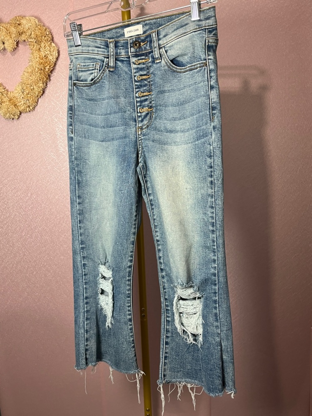 Sneak Peek Light Blue Distressed High-Rise Cropped Jeans with Button Fly